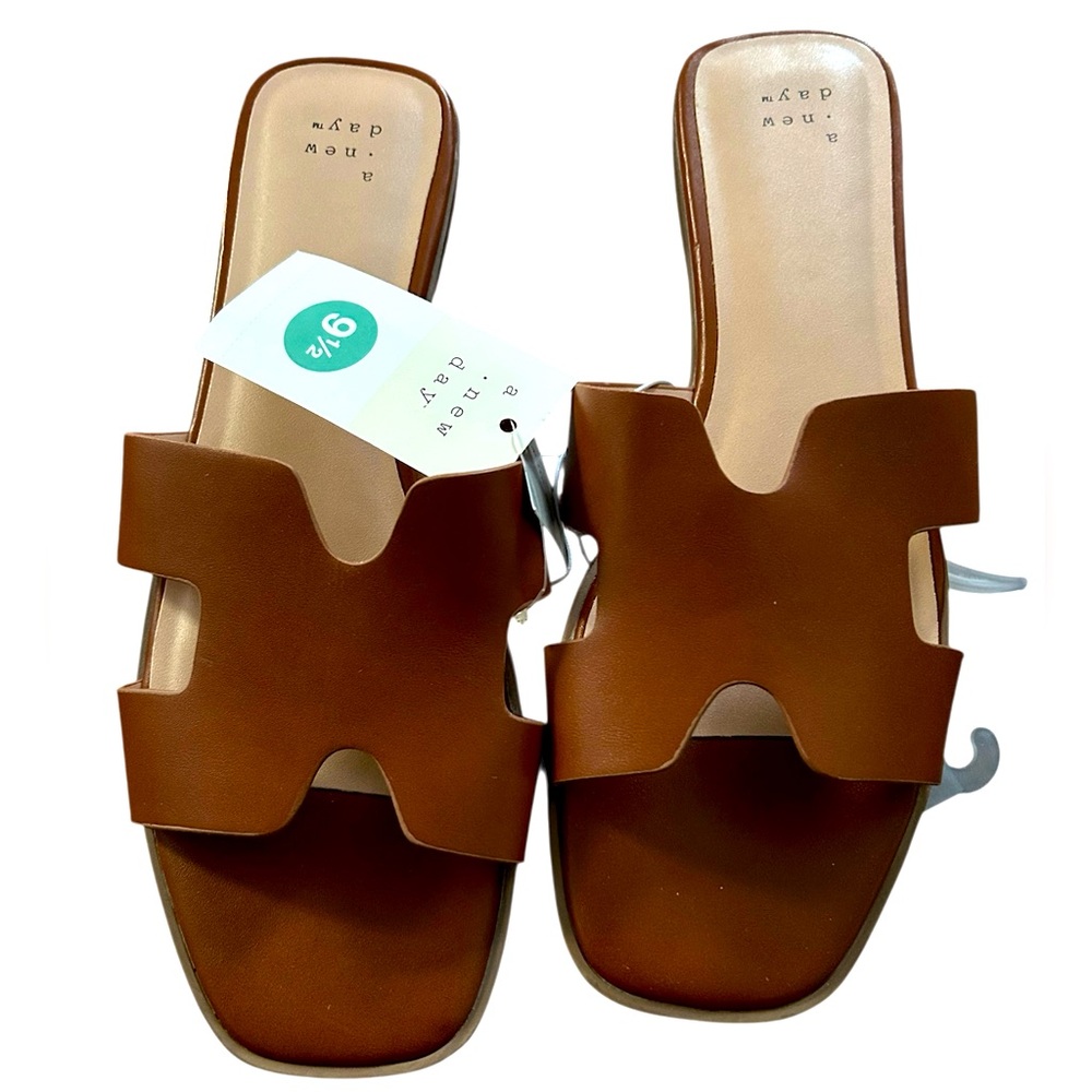 A New Day Brown Leather Slide Sandals